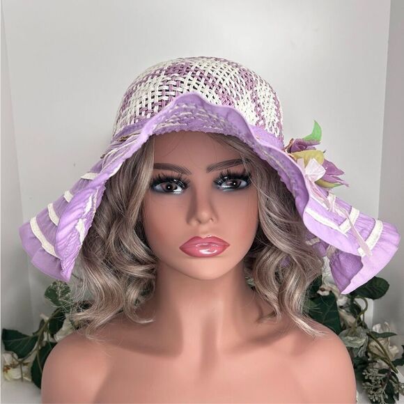 Vintage Women’s One Size Lilac And White Floppy Flower Detail Straw Derby Hat - Picture 1 of 11